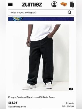 Empyre Black Corduroy Loose Fit Skate Pants, Size 30